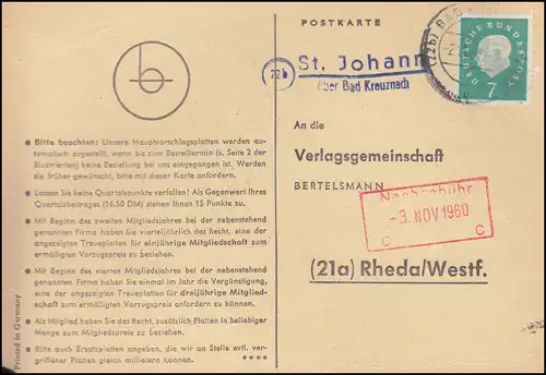 Pays-Bas: St. Johann sur BAD KREUZNACH 2.11.1960 sur carte postale vers Rheda/Westf.