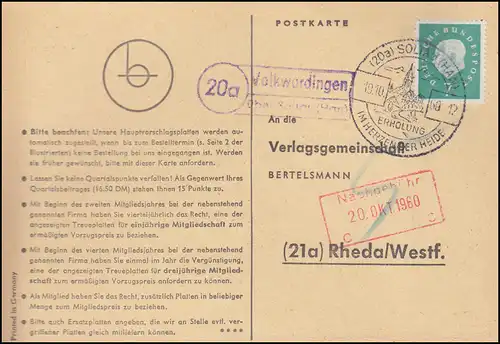 Landpost Volkwardingen sur Soltau (Han) sur carte postale SSt SOLTAU 19.10.1960