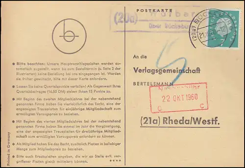 Landpost Warber über BÜCKEBURG 21.10.1960 auf Postkarte nach Rheda/Westf.