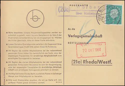 Landpost Warber via BÜCKEBURG 21.10.1960 sur carte postale vers Rheda/Westf.