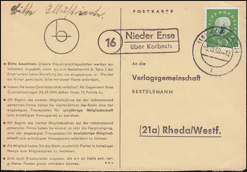 Landpost Nieder Ense über KORBACH 3.10.1960 auf Postkarte nach Rheda/Westf.