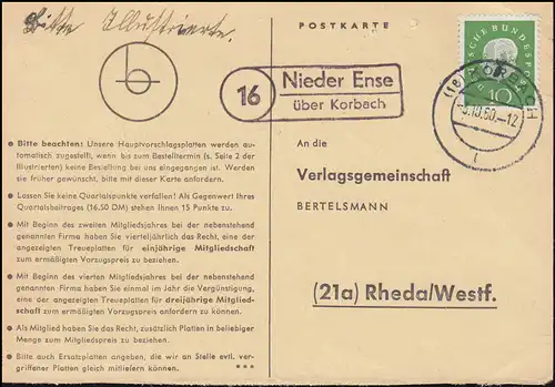 Pays-Bas Ense via KORBACH 3.10.1960 sur carte postale vers Rheda/Westf.