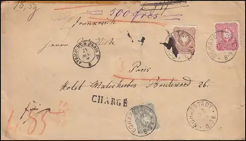 41+43+44 Adler 10+25+50 Pfennig Wertbrief SCHAFSTÄDT 20.5.1883 nach PARIS 21.5.