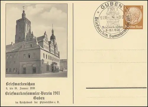 PP 122 Briefmarkenschau BSV 1911 Guben passender SSt GUBEN Rathaus 9.1.1938