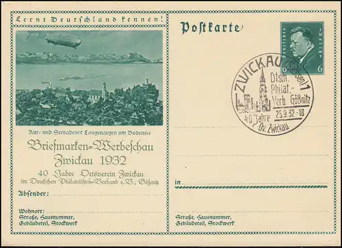 Bildpostkarte P 192 Briefmarken-Werbeschau Zwickau 1932 passender SSt 25.9.1932