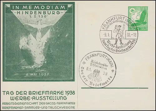 PP 142 Im Memoriam Hindenburg LZ 129 - Tag der Briefmarke 2 SSt FRANKFURT 9.1.38