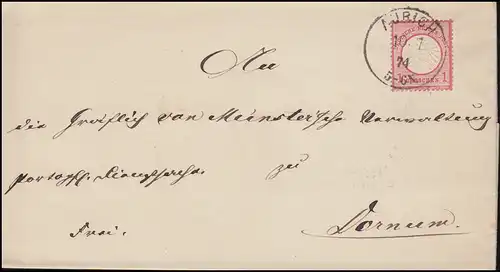 19 Brustschild 1 Gr. EF Brief Einkreis AURICH 10.7.1874 nach DORNUM 11.7.