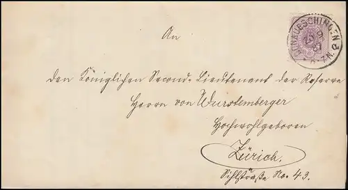 40 Ziffer 5 Pfennig auf Brief DONAUESCHINGEN 20.9.1887 nach ZÜRICH 21.9.87