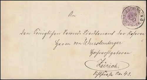 40 paragraphe 5 pfennig sur lettre DUNAUESCHINGEN 20.9.1887 après ZÜRICH 21.9.87