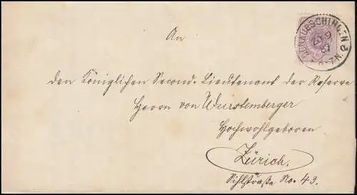 40 paragraphe 5 pfennig sur lettre DUNAUESCHINGEN 20.9.1887 après ZÜRICH 21.9.87