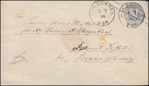Preußen Umschlag 2 Sgr. SALZWEDEL 7.7.1866 an ein Rittergut bei Braunschweig