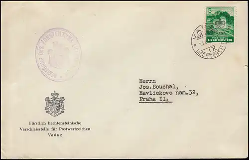 Dienst D 20 Aufdruckmarke 5 Rp Regierungs-Drucksache VADUZ 13.12.1939 nach Prag