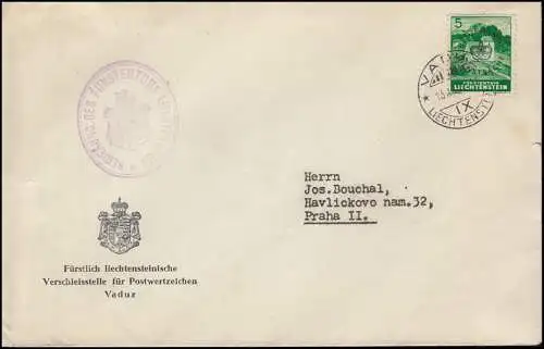 Service D 20 Marque d'impression 5 Rp Chose d ' impression du gouvernement VADUZ 13.12.1939 à Prague