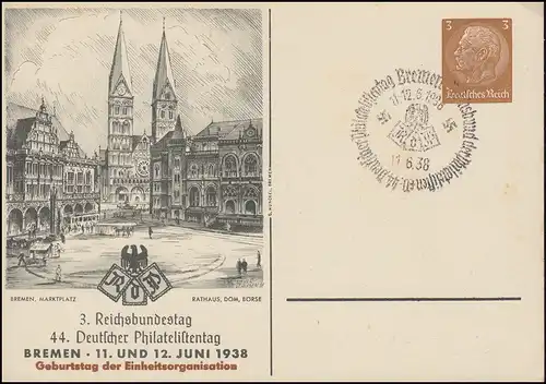 PP 122 Reichsbundtag Philatelistentag Geburtstag, passender SSt BREMEN 11.6.1938