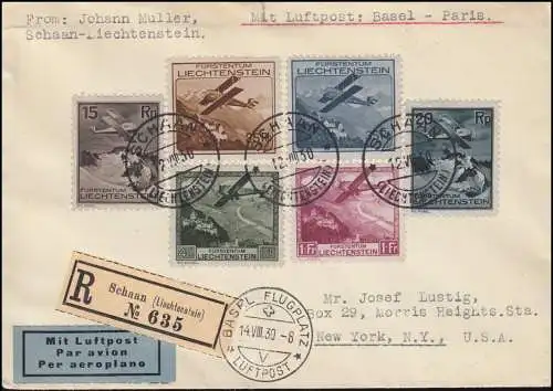 108-113 Flugzeuge über Landschaften 1930, Satz-R-FDC SCHAAN 12.8.30 in die USA