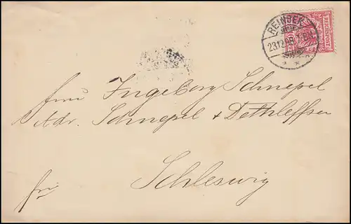 47 Reichsadler 10 Pf Ef auf Brief REINBEK 23.12.1898 nach SCHLESWIG 24.12.98