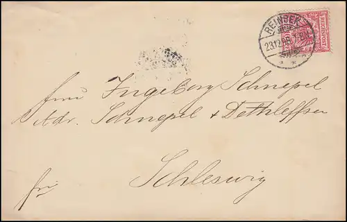 47 Sagittaire Reich 10 Pf Ef sur lettre REINBEK 23.12.1898 après SCHLESWIG 24.12.98