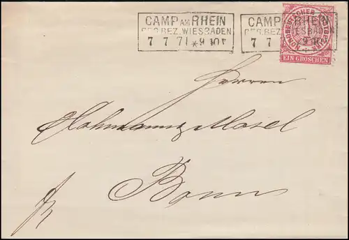 Norddeutscher Bund 16 Ziffer 1 Gr. Briefhülle CAMP AM RHEIN 7.7.1871 nach Bonn