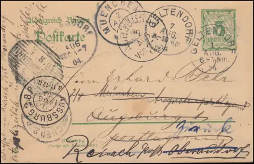Irrläufer-PK P 66/02 GELTENDORF 1.8.1904 und zurück 7.8.04 über AUGSBURG 2.8.