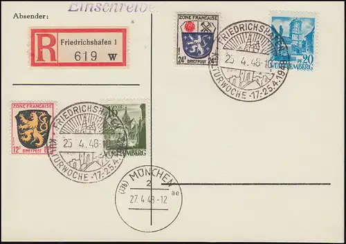 Blanko-R-PK mit SSt FRIEDRICHSHAFEN Kulturwoche 25.4.48 + MÜNCHEN 2 ae 27.4.1949