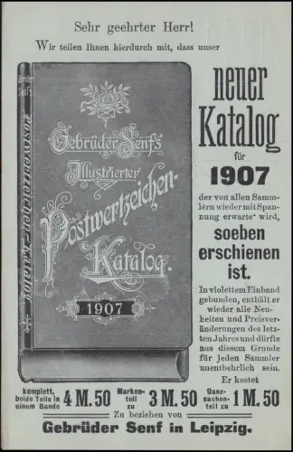 Carte postale privée PZD 2X Frères Moutarde: Nouveau catalogue pour 1907, LEIPZIG 5.11.1906