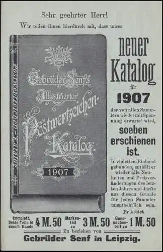 Privatpostkarte PZD 2X Gebrüder Senf: Neuer Katalog für 1907, LEIPZIG 5.11.1906 