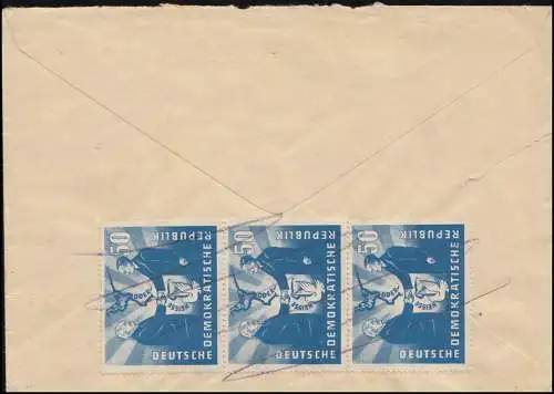 285 Dt.-Poln. Freundschaft 3er-Streifen mit Zusatzfr. Eil-R-Brief BERLIN 16.9.52