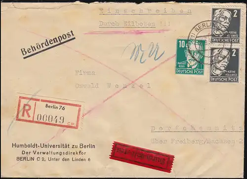 285 Dt.-Poln. Freundschaft 3er-Streifen mit Zusatzfr. Eil-R-Brief BERLIN 16.9.52