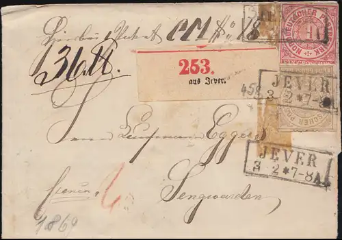 Norddeutscher Bund 4+6 Ziffer Paketbegleitbrief JEVER 3.2.1869 nach Sengwarden 