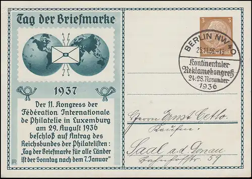 PP 122 Einführung Tag der Briefmarke, SSt BERLIN Reklamekongress 25.11.1936