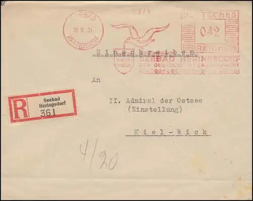 AFS Seebad Heringsdorf - Der deutsche Meereskurort 15.9.1934, R-Brief nach Kiel