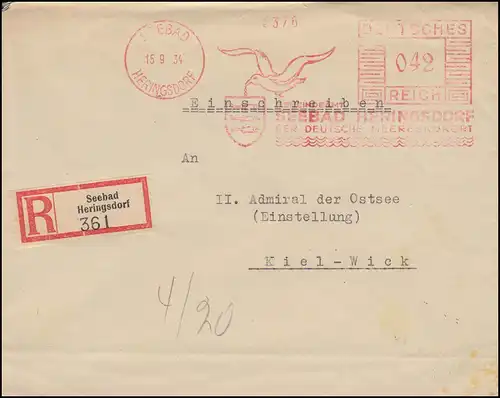 AFS Seebad Heringsdorf - La station thermale maritime allemande 15.9.1934, lettre R à Kiel