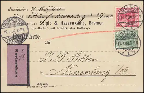 70+71 Germania MiF Nachnahme-Postkarte BREMEN 11.7.1904 nach NEUENBURG 12.7.1904