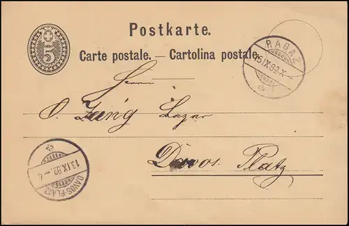 Schweiz Postkarte P 12 Ziffer im Oval aus RAGAZ 15.9.1882 nach DAVOS PLATZ 16.9.