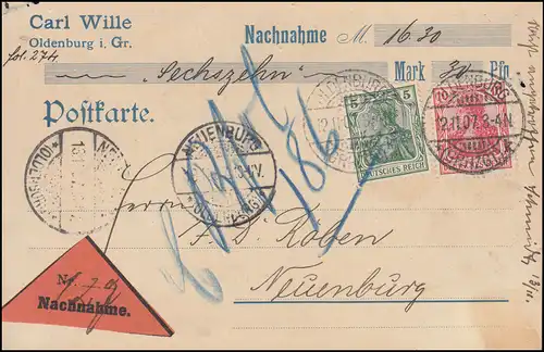 84I+86I Germania-Marken als MiF auf Nachnahme-Postkarte OLDENBURG 12.11.1907