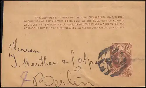 Großbritannien Streifband S 7 Viktoria Balkenstempel FB, um 1890 nach Berlin