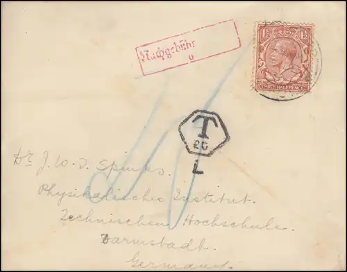 Großbritannien König Geoges V. 1 1/2 P. Brief 8.12.33 nach Darmstadt T-Stempel