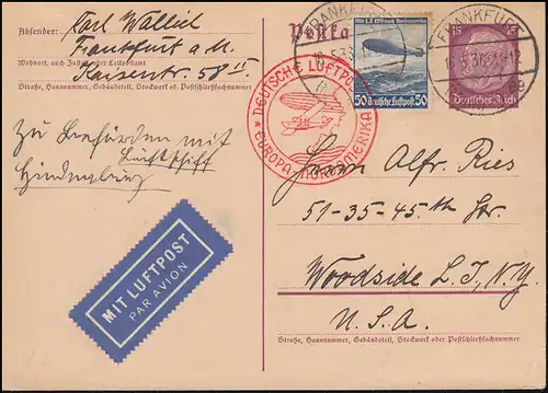 Zeppelin LZ 129 Hindenburg 2. Nordamerika-Fahrt Postkarte P 227I, FfM 16.5.36