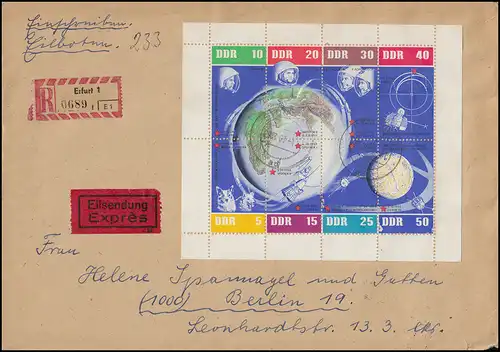 926-933 Weltraumflüge-Kleinbogen Eil-R-Brief ERFURT 29.3.63 nach BERLIN 30.3.