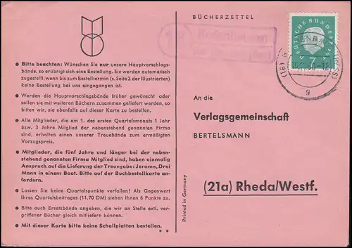 Landpost Rodenhausen über GLADENBACH 15.11.1960 auf Bücherzettel nach Rheda
