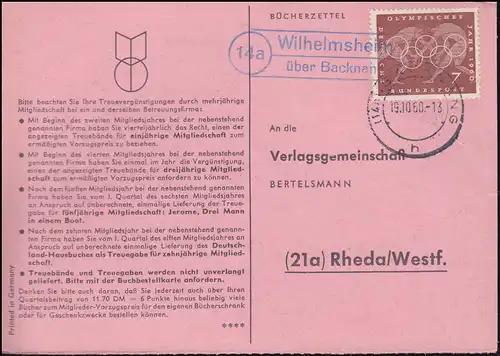 Landpost Wilhelmsheim über BACKNANG 19.10.1960 auf Bücherzettel nach Rheda