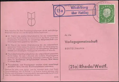 Landpost Wischlburg über PLATTLING 13.7.1960 auf Bücherzettel nach Rheda/Westf.