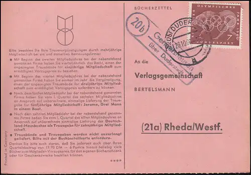 Landpost Germershausen über DUDERSTADT 29.10.1960 auf Bücherzettel nach Rheda