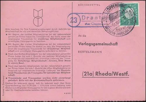 Landpost Drantum über Cloppenburg auf Bücherzettel SSt CLOPPENBURG 31.01.1960