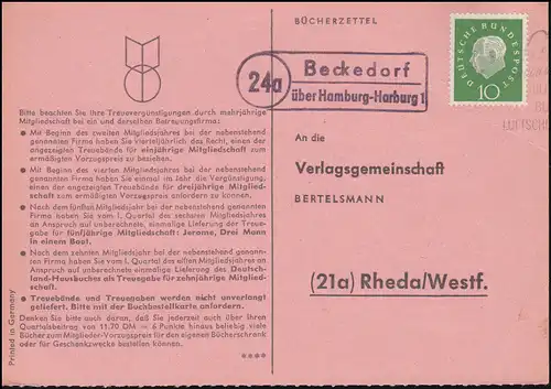 Landpost Beckedorf über Hamburg-Harburg 1 auf Bücherzettel nach Rheda, 28.10.60