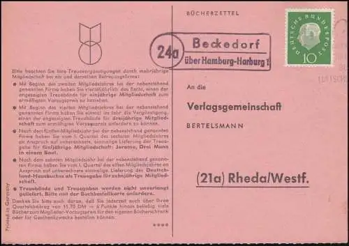 Landpost Beckedorf über Hamburg-Harburg 1 auf Bücherzettel nach Rheda, 28.10.60