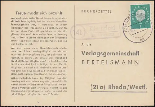 Landpost Kirchdorf über BIBERACH (RISS) 31.10.1960 auf Bücherzettel nach Rheda