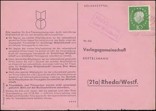 Landpost Holzkirchen über Würzburg auf Bücherzettel nach Rheda/Westf., um 1960