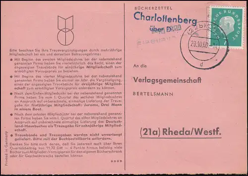 Landpost Charlottenberg über DIEZ 29.10.1960 auf Bücherzettel nach Rheda/Westf.