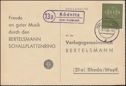 Landpost Ködnitz über KULMBACH 8.11.1960 auf Postkarte nach Rheda/Westf.